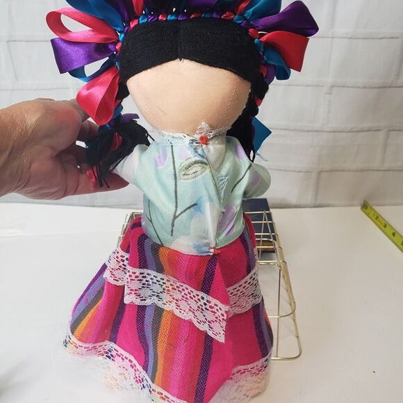 Traditional Handmade Mexican Otomi Lele Pink Rag Cloth Doll 14" Ribbon Soft Toy - Picture 4 of 11